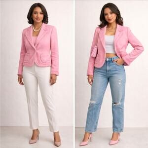 Kate Hill Pink 100% Cotton Tweed Bouclé Jacket Fringed Edge Details, Size 4, EUC